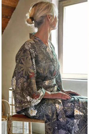 BLANC DES VOSGES Kimono satin JARDINS DE BABYLONE Indigo