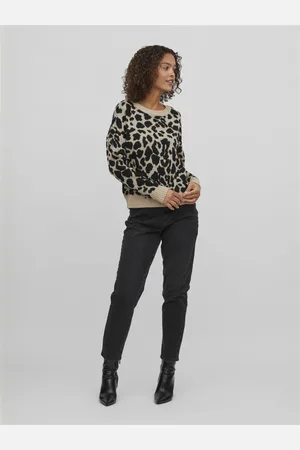 VILA Pull col rond beige imprimé léopard en viscose