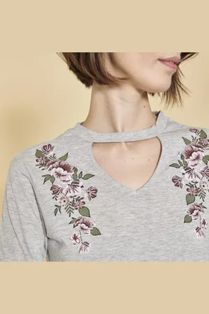 3 Suisses Tee-shirt ouverture en V manches longues élastiquées imprimé devant femme - chiné