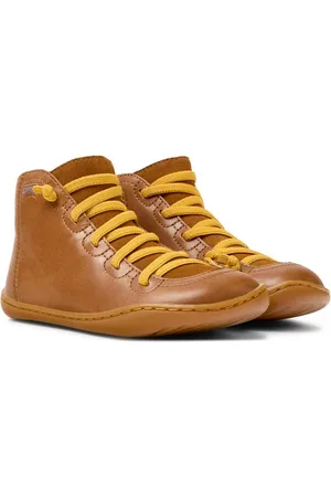 Camper Bottines marrons à lacets jaunes enfant - Peu Cami Kids en cuir