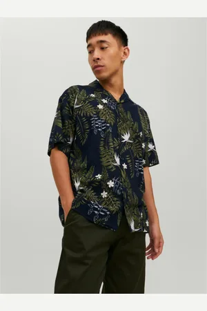 JACK & JONES Chemise à boutons Relaxed Fit Col resort Manches courtes Marine en coton