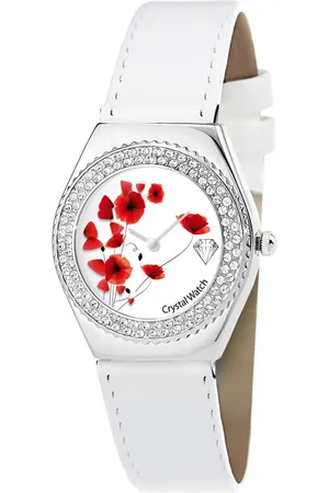 So Charm Bijoux Montre Alysson Coquelicot blanche à mouvement tournant ornée de Cristaux scintillants