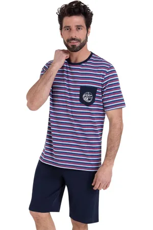 ATHENA Pyjama court col rond homme Rayures Waves en coton