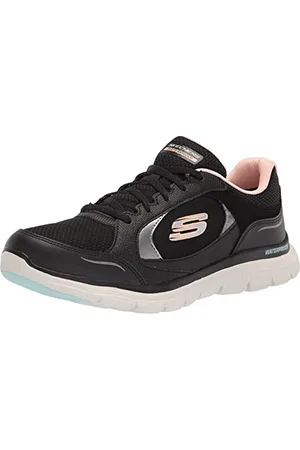 Skechers Femme Flex Appeal 4.0 True Clarity Basket, Cuir Noir PU Maille Bordure Rose Clair, 37 EU