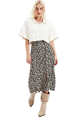 Trendyol Black Floral Patterned Teardinner Jupe, , 42 Femme