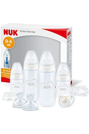 NUK Perfect Start First Choice+ Lot biberon | 0-6 mois | 4 biberons anti-coliques, 1 sucette, 1 goupillon et plus encore | Sans BPA | Lot de 10 pièces