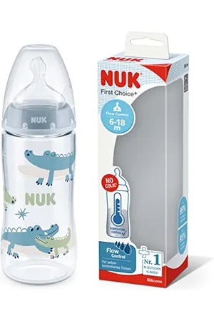 NUK First Choice+ biberon | 6-18 mois | Contrôle de la température | Contrôle de l’écoulement | Système d’aération anti-colique | 360 ml | Sans BPA | Tétine en silicone | Crocodile
