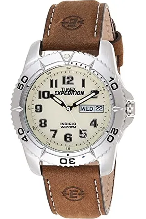 Timex T46681SU - Expédition - Montre Homme - Quartz Analogique - Cadran Blanc - Bracelet Cuir Marron