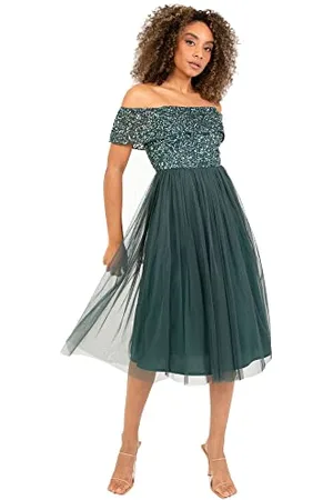 Maya Deluxe Ladies Bardot Dresses Women Midi High Empire Waist Sequins Embellished Formal Evening for Wedding Guest Robe de Demoiselle d