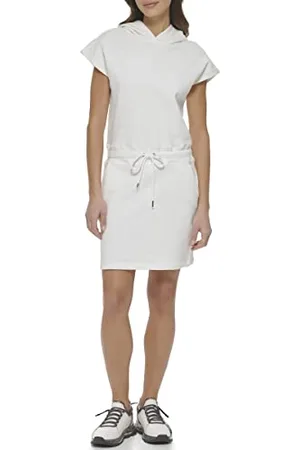 DKNY Robe de Sport à Capuche avec Logo brodé décontractée, Blanc, L Femme
