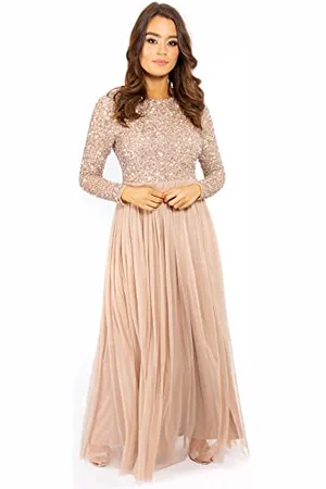 Maya Deluxe Womens Ladies Petite Maxi Dress for Wedding Guest Long Sleeves Sequins Empire High Waist Embellishment Boat Neck Prom Robe, , 10 Femme