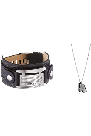Fossil Homme Bracelet manchette en cuir JF84816040 + Collier avec plaque militaire en acier inoxydable JF00494998