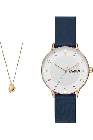 Skagen Collier pour femmes Collier à pendentifs en acier, ton or, longueur : 450mm+50mm, largeur : 15.3mm, hauteur : 21.6mm Montre pour femme Riis Quartz/3 manuel Boîtier 36mm