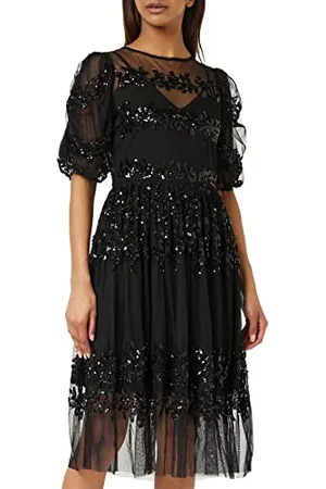 Maya Deluxe Womens Midi Ladies Sequin Embellished Short Sleeve Dress for Wedding Guest Bridesmaid Prom Ball Evening Occasion Robe, Black, 40 Femme