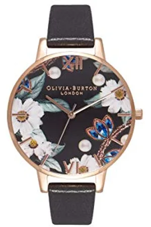 Olivia Burton Montre Analogique à Quartz pour Femme Collection Bejewelled Florals avec Bracelet en Cuir Noir - OB16BF04