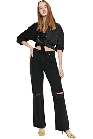 Trendyol Black Torn Detailed High Waist Wide Leg Jeans, 42 aux Femmes