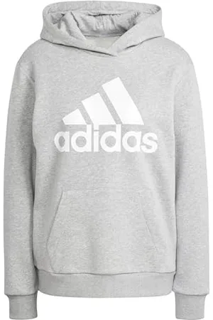 adidas Femme Essentials Logo Boyfriend Fleece Hoodie, Medium Grey Heather/White, XXS