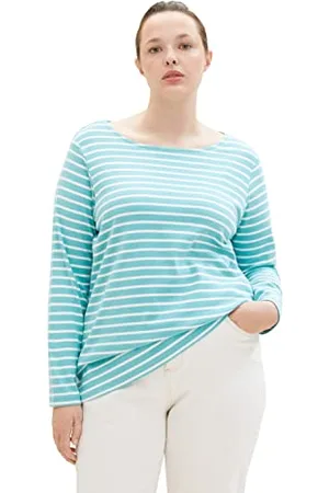 TOM TAILOR 1038827 T-Shirt à Manches Longues Taille Plus, 32394-Rayures Bleu Sarcelle et Blanc cassé, 48 Grande Femme