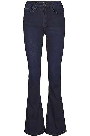 Noisy May Damen Schlagjeans hoher Taille Stretch Denim Wide-Leg Vintage Hose NMSALLIE, Couleurs:Bleu-foncé, Taille:29W / 32L