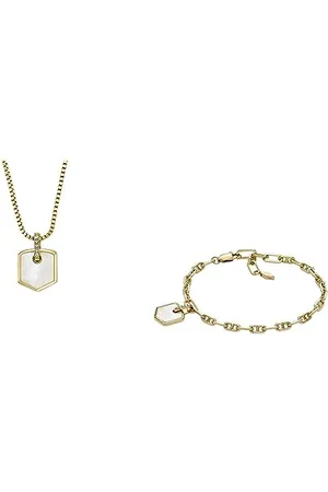 Fossil Collier Heritage Crest et bracelet pour femme Mother of Pearl, collier en acier inoxydable ton or et bracelet en laiton ton or