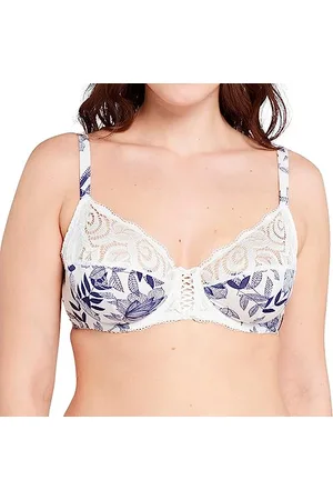 Sans Complexe Soutien Gorge Emboitant avec Armatures, Classique, Femme, Modèle Amelie Print, Dentelle Florale aux Finitions écailles, Imprime Feuillage Bleu Ruban, 105D