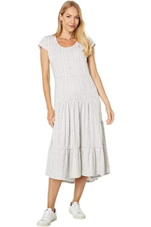 Tommy Hilfiger Robe midi à Rayures à Volants pour Femme, Kaki/Blanc Brillant, Taille M