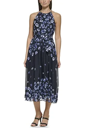 DKNY Floral Print Halter Neck Sleeveless Tie Waist Fit&Flare Chiffon Midi Dress Robe de Cocktail, , 34 aux Femmes