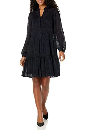 Tommy Hilfiger Robe Droite en Mousseline de Soie à Manches Longues et col, Sky Captain/Noir, 48 Femme