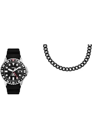 Fossil Montre Homme Blue GMT en Silicone et Collier en Acier Inoxydable Noir, Set