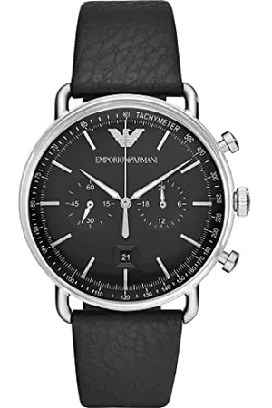 Emporio Armani Montre pour homme, mouvement chronographe, boîtier en acier inoxydable argenté de 43 mm avec bracelet en cuir, AR11143