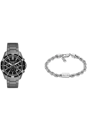 Armani Exchange Montre Homme Grise et Bracelet Argent, Acier Inoxydable, Set