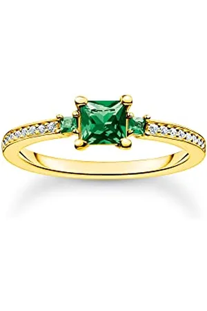 Thomas Sabo Bague pour femme avec pierres vertes et blanches en argent sterling 925, plaqué or jaune 750 TR2402-971-6, 54, Argent sterling, Zircone cubique