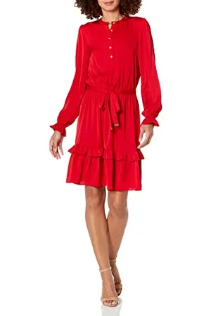 Tommy Hilfiger Robe ajustée et évasée à Manches Longues pour Femme, Rouge écarlate, 40