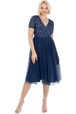 Maya Deluxe Embellished Midi Evening Dress Women Ladies V Neckline with Short Sleeve for Prom Wedding Robe de Demoiselle d