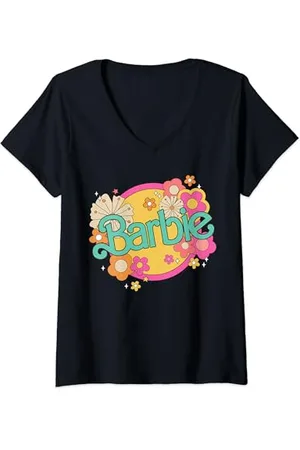 Barbie Femme - Logo rétro avec fleurs T-Shirt avec Col en V