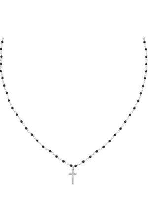 AMEN Collier avec Grains et Croix pour Femme en Argent Sterling (925) rhodié avec Cristaux Noirs et zircons Blancs, Taglia Unica, Argent Sterling, Zircon