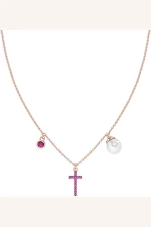 AMEN Collier Rose Croix Zircon et Perle, Medium, Argent Sterling, Zircon cubique.