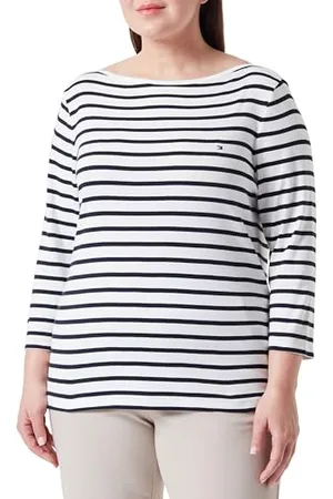Tommy Hilfiger T-Shirt Manches Longues Femme en Coton, Multicolore (Breton Ecru/Desert Sky), 48