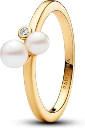PANDORA Timeless Bague en métal plaqué or 14 carats avec perle de culture d’eau douce traitée blanche et zircones cubiques transparentes, taille 58