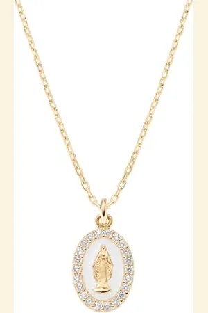 AMEN Bijoux, collier médaille miracoculeuse émaillée blanc perle, collier femme argent 925 doré, zircons blancs, cadeau femme