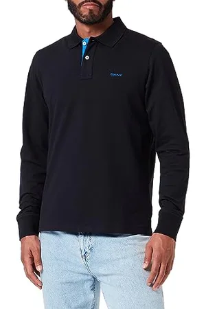 GANT REG LS Rugger À Manches Longues en Piqué Contrasté Regular, Black, L Homme