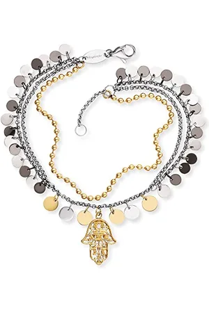 Engelsrufer Bracelet Boho Main de Fatima en argent sterling bicolore - Éléments breloques en or, argent et noir - Fermoir mousqueton - Réglable en deux longueurs - Sans nickel, 17 cm, Acier