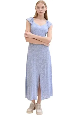 TOM TAILOR 1042000 Robe midi avec Motif intégral, 35325-Bleu Moyen-Imprimé Minimal, S Femmes