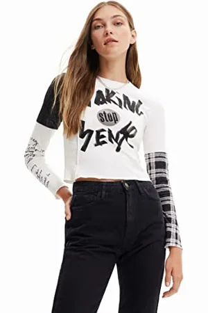 Desigual T- Shirt à Manches Longues, Blanc, Taille S Femme