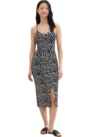 TOM TAILOR 1042012 Robe midi Basique avec Motif intégral, 35491-Imprimé Minimal de Fleurs Noires, M Femmes