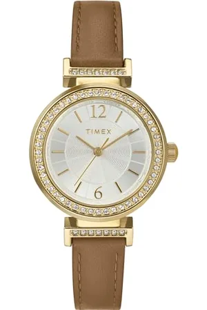 Timex Montre pour femme Dress 31 mm - Bracelet en cuir , cadran argenté, boîtier doré TW2W49000