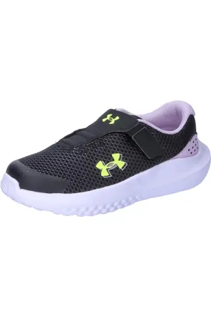 Under Armour UA GINF Surge 4 AC Chaussures de sport pour filles, baskets pour enfants légères et respirantes, couleur noir/violet clair/jaune fluo