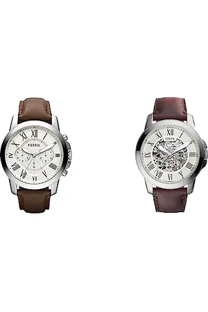 Fossil Montre pour Homme Grant, Mouvement Chronographe à Quartz & Montre pour Homme Grant, Mouvement Mécanique Automatique, Boîtier en Acier Inoxydable Argenté de 45 mm avec Bracelet en Cuir