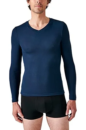 Damart T-Shirt Col V Manches Longues Fine Côte Thermolactyl Sensitive, Homme, Bleu, Taille S