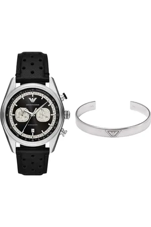 Emporio Armani Montre pour Homme en Cuir et Bracelet en Acier Inoxydable Argenté, Set